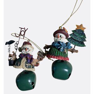 Snowman Christmas Bell Ornaments Set Of 2 Festive Holiday Decor With Glitter Acc